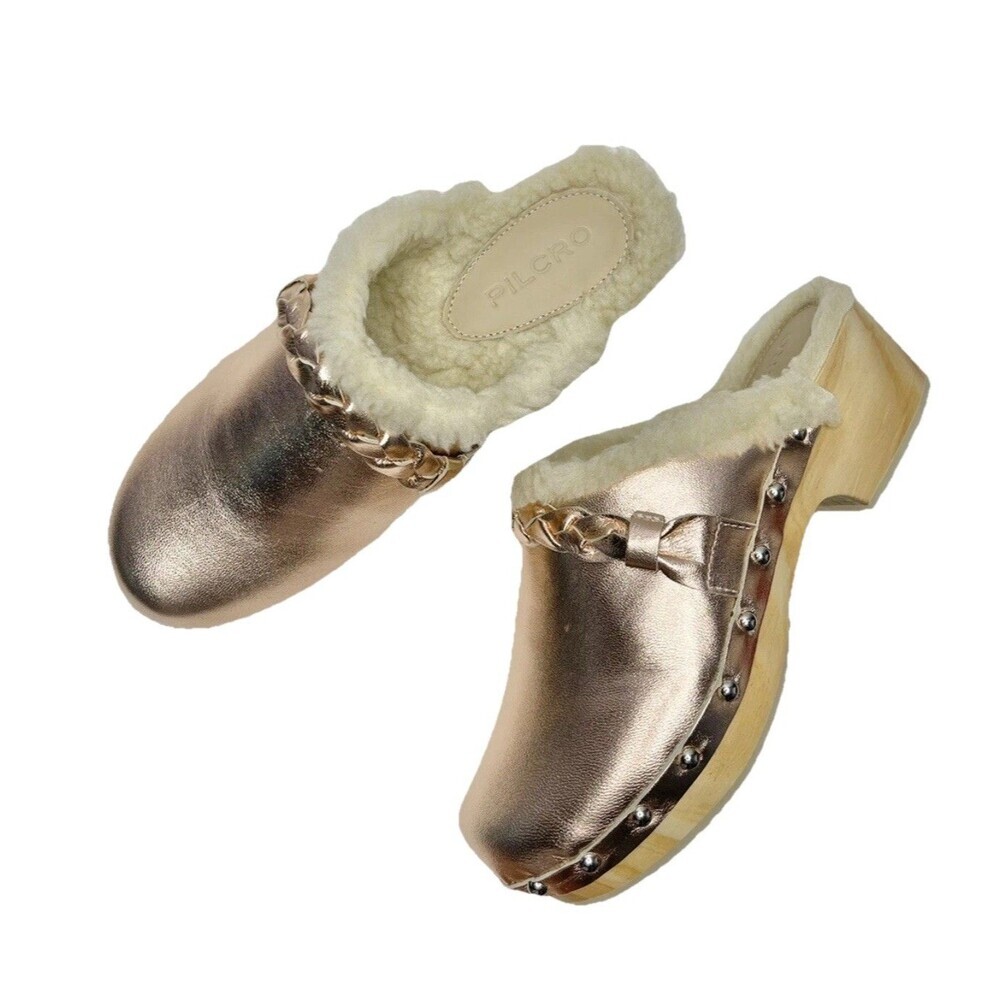 Anthropologie Pilcro 9 Bronze Gold Sherpa Faux Fur Clogs Leather Mule SPAIN MADE